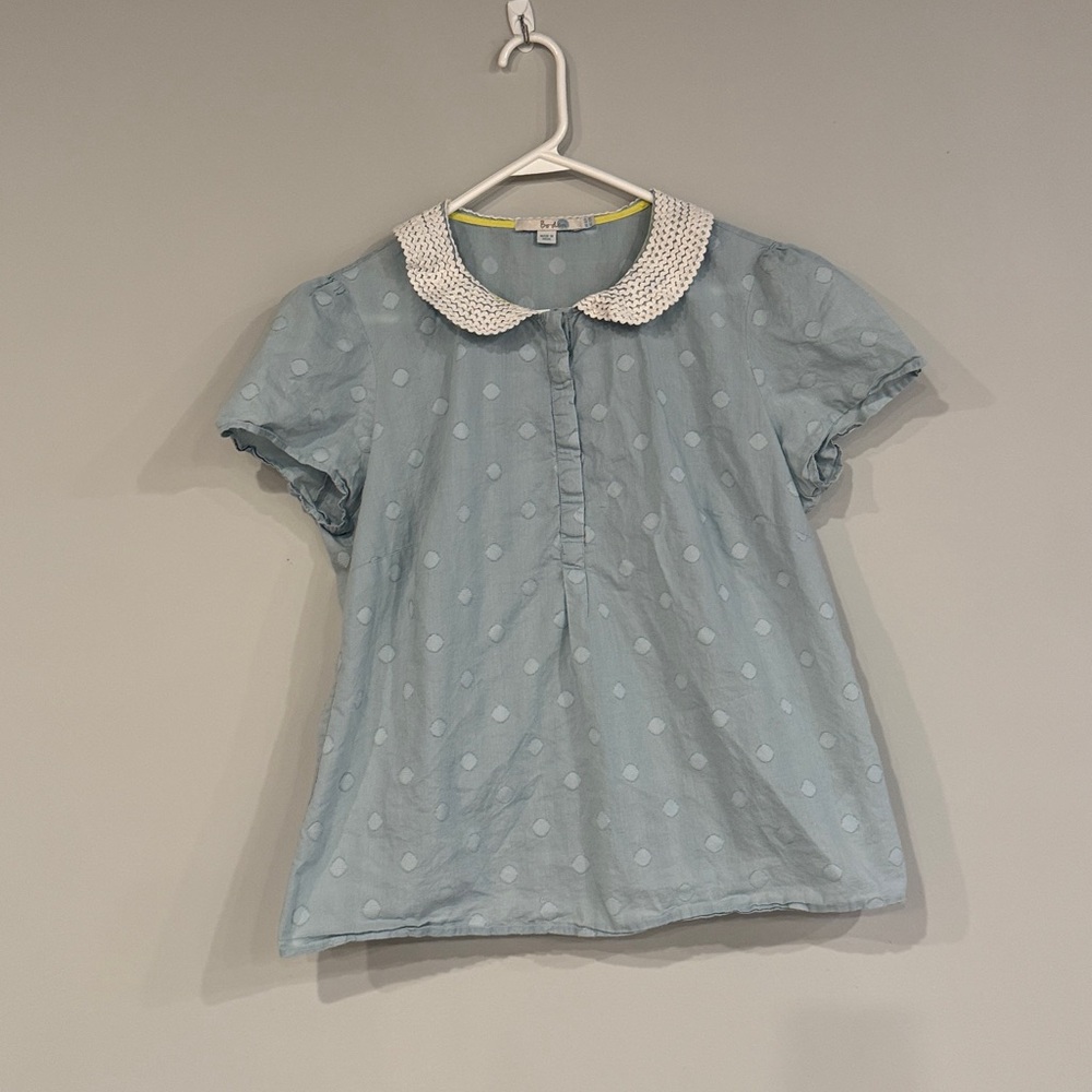Boden Light Blue/Green/Gray Polka Dot Peter Pan Collar Top. US 12R.